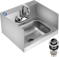 BIEAMA Stainless Steel Hand Sink NSF 17" x 15" Commercial Wall Mount Sink, with Side Splash Guard, Strainer and Faucet, Perfect for Home, Stores, Restaurants, Bars