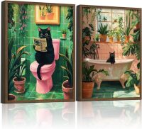 2 Pcs Wooden Framed Green Plant Bathroom Black Cat Wall Art Animal Bathroom Decor Painting Modern Canvas Prints Vintage Plant Poster Gallery Style Home Artwork 12X16Inch