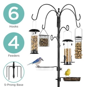 Bird Feeding Station, 6-Hook Steel Multi-Feeder Stand w/ 4 Feeders, 89in. Appears New