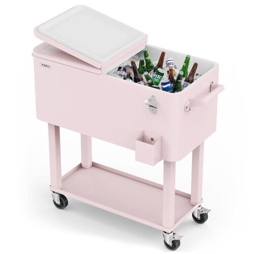 80 Quart Portable Outdoor Patio Rolling Cooler Cart Pink
