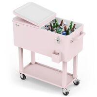 80 Quart Portable Outdoor Patio Rolling Cooler Cart Pink
