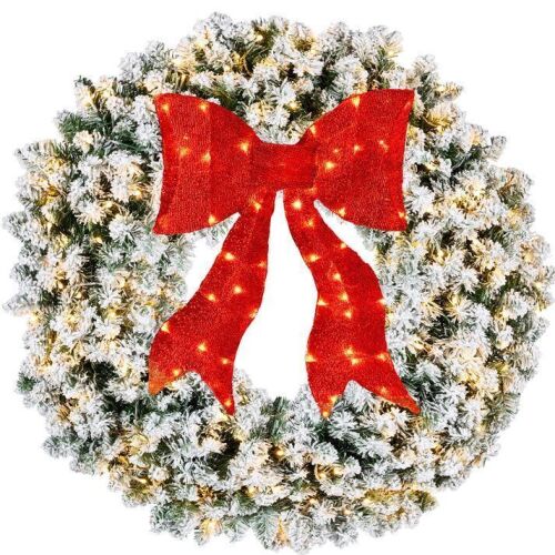 48" Pre-Lit Flocked Artificial Fir Christmas Wreath w/ Red Bow, LED Lights