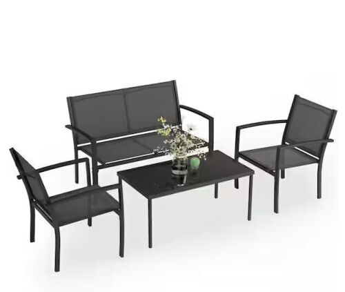 Black 4-Piece Metal Outdoor Bistro Set Patio Conversation Set Glass Coffee Table