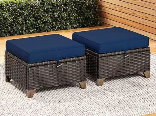 Wicker Outdoor Patio Ottoman with Deep Blue Cushions (Set of 2)