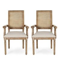 French Country Upholstered Wood and Cane Dining Chairs, Set of 2
