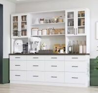 FUFU&GAGA White Wood 94.5 in. W x 82.7 in. H Food Pantry Cabinet W/ 12-Drawer, 6-Open Shelve, Walnut Color Thickened Tabletop