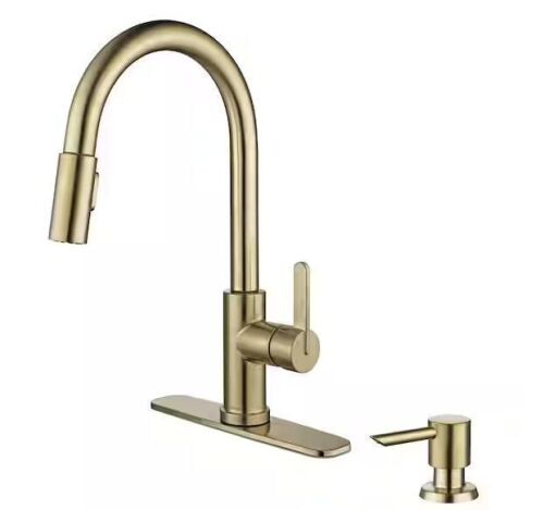 Glacier Bay Paulina Brushed Gold 16.53 in. High 1 Handle P/Down Sprayer Kitchen Faucet with 360&deg; Swivel Spout and Soap Dispenser