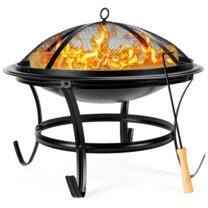 Steel Outdoor Patio Fire Pit Bowl w/ Screen Cover, Poker - 22in. Appears New