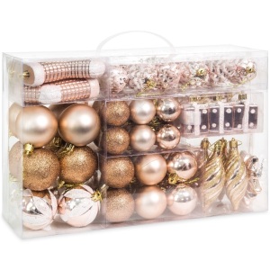 Set of 72 Handcrafted Shatterproof Hanging Christmas Ornaments w/ Glitter Design - Rose Gold. New