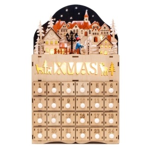 Wooden Christmas Village Advent Calendar Decoration w/ LED Light Background 