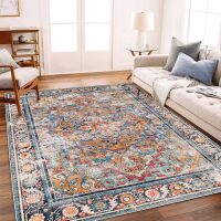 CHAMPLANT Washable Area Rug 8'x10' Boho Chic Medallion Distressed Design Non-Shedding Easy Care Ideal for High Traffic Areas in Living Room Bedroom Office Coffee Table Large Carpet