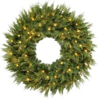 36" Pre-Lit Cedar Cypress Christmas Realistic Wreath w/ Twinkling LEDs