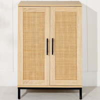 2-Door Natural Rattan 34 x 24in Storage Cabinet for Bathroom, Living, Dining w/ Adjustable Shelves