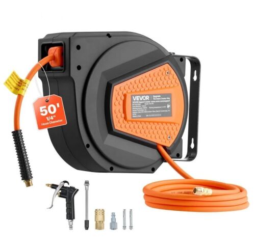 VEVOR Retractable Air Hose Reel, 1/4 Inch x 50 FT Hybrid Air Hose Max 300PSI, 180&deg; Swivel Ceiling/Wall Mount