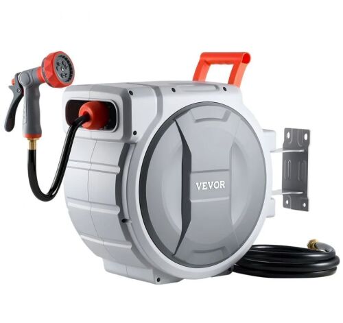 VEVOR Retractable Garden Hose Reel, 1/2 in x 100 ft, Wall Mounted, 9-Function Sprayer Nozzle and 180&deg; Swivel Bracket, Any Length Lock, Automatic Slow Rewind System