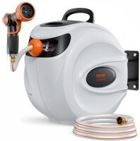 VEVOR Retractable Hose Reel, 130 ft x 1/2 inch, 180&deg; Swivel Bracket Wall-Mounted, 9-Pattern Nozzle, Automatic Rewind, Lock at Any Length, and Slow Return System