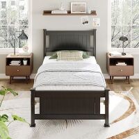 VINGLI Twin Size Solid Wood Bed Frame with Headboard, No Box Spring Needed
