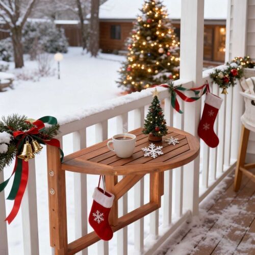 Folding Wood Adjustable Balcony Railing Table