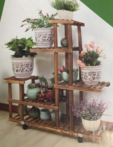 Tiered Rolling&nbsp;Wooden Plant Shelf&nbsp;for Multiple Plants, Indoor/Outdoor, Unknown Size - Appears New in Damaged Box