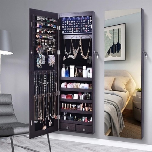 AOOU 47" Wall Mounted Full&nbsp;Mirror Lockable Jewelry&nbsp;Organizer