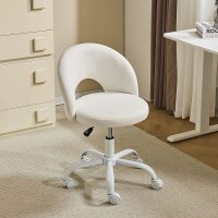 VINGLI Small Vanity Chair with Wheels for Girls/Cute Modern Adjustable Height Armless Office Desk Chair for Study Make up Room Small Space Linen White
