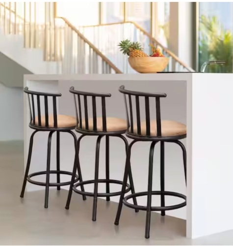 Homy Casa Set of 3 Pistil 24 in. Brown Suede Low-Back Swivel Counter Height Bar Stool, Cushioned with Metal Frame and Footrest