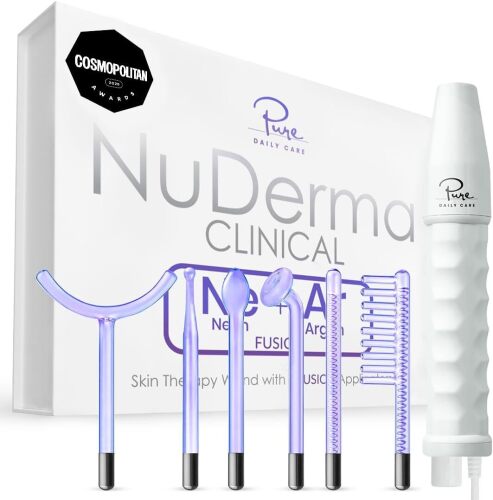 NuDerma Clinical Portable Skin Therapy Wand, Machine with 6 Fusion Neon + Argon Wands &ndash; Anti Aging - Clarifying - Skin Tightening & Radiance - Wrinkle Reducing