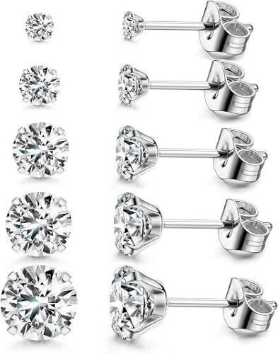 Kainier 5 Pairs CZ Stud Earrings Set for Women Men, 316L Stainless Steel Hypoallergenic Earrings for Sensitive Ears, 14K Gold Plated Silver Tone Jewelry, Cubic Zirconia Diamond Flatback Studs 3-7mm
