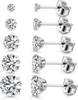 Kainier 5 Pairs CZ Stud Earrings Set for Women Men, 316L Stainless Steel Hypoallergenic Earrings for Sensitive Ears, 14K Gold Plated Silver Tone Jewelry, Cubic Zirconia Diamond Flatback Studs 3-7mm