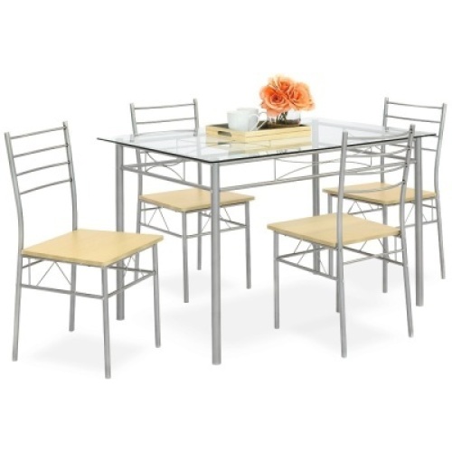 5-Piece Glass Top Dining Table Breakfast Set w/ 4 Chairs, Steel Frame&nbsp;