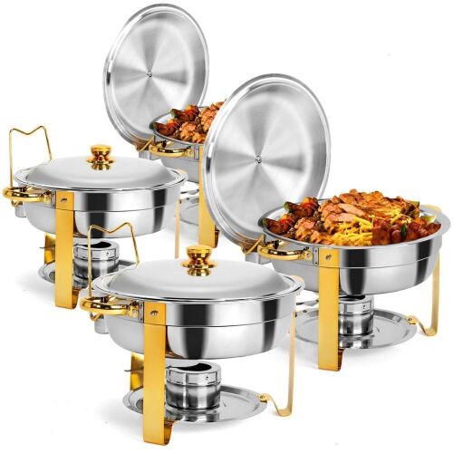 ROVSUN 5 QT Round Gold Chafing Dish Buffet Set with Stainless Steel Lid Holder, 4 Pack