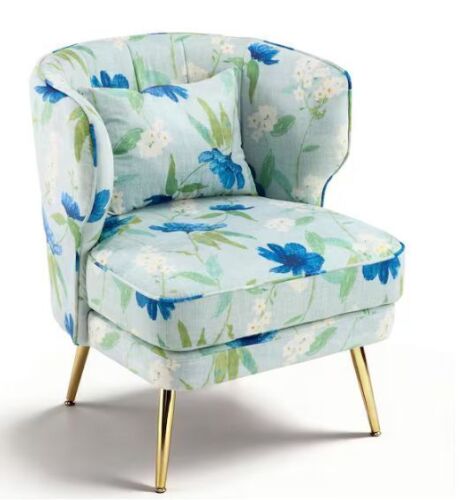 Blue and Green Velvet Barrel Accent Chair with Cushion