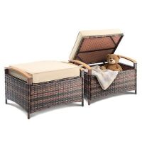 VINGLI 2-Pcs Rattan Ottoman with Storage, Removable Cushion