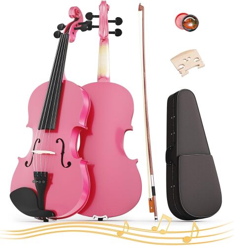 1/8 Violin for Kids Age 4-5, 1/8 Beginner Violin for Student, Acoustic Violins with Case, Bow, Bridge, and Rosin (Pink)