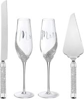 4 Pcs Wedding Cake Knife and Champagne Flutes Server Set