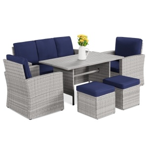 7-Seater Conversation Wicker Dining Table, Outdoor Patio Furniture Set 