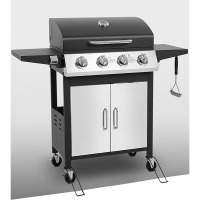 4-Burner Propane Gas Grill Stainless Steel, Outdoor Camping BBQ Grill on Wheels Portable for Patio Poolside RV