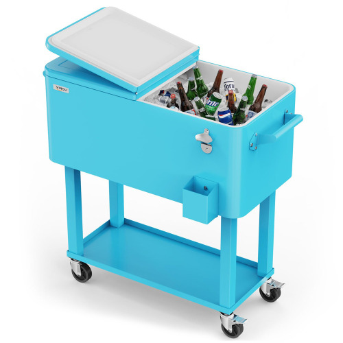 80 Quart Rolling Ice Chest with Shelf Portable Patio Party Bar Drink Cooler Cart