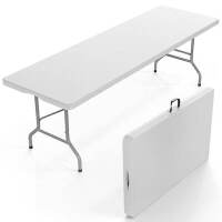 VINGLI 8 Foot Portable Rectangular Plastic Folding Table with Carrying Handle for Indoor Outdoor Use White