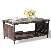 VINGLI 37W x 16H Outdoor Wicker Coffee Table with Tempered Glass Top and Storage for Patio Balcony Porch Deck Brown