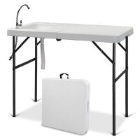 VINGLI 45D x 23W x 37H Fold in Half Folding Fish Cleaning Table with Sink/Bi-Folding Outdoor Portable Camping Game Sink Table/Fish Fillet Cutting Table with Drainage Hose for Patio Backyard BBQ