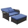 2-in-1 Patio Rattan Daybed, 5-Level Adjustable Backrest with Storage Ottoman & Cushions, Blue