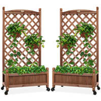 Set of 2 Wood Planter Box & Lattice Trellis w/ Optional Wheels - 48in