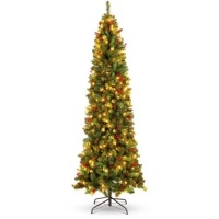 9ft Pre-Lit Pencil Christmas Tree Pre-Decorated Holiday Accent w/ 1,298 Tips, 460 Lights, Base&nbsp;