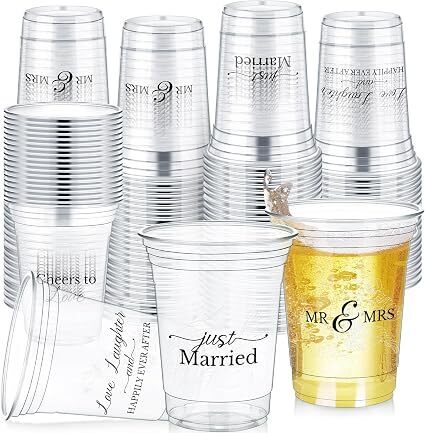 Jingmore 200 Pcs Wedding Plastic Cup 12 oz Wedding Disposable Cups for Reception Thick Clear Cup Happily Ever After Mr and Mrs Just Married Cups for Bridal Shower Decorations