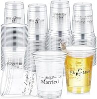 Jingmore 200 Pcs Wedding Plastic Cup 12 oz Wedding Disposable Cups for Reception Thick Clear Cup Happily Ever After Mr and Mrs Just Married Cups for Bridal Shower Decorations