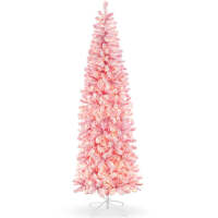 Pre-Lit Snow Flocked Pink Artificial Pencil Christmas Tree 6ft