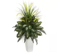 Nearly Natural Mixed River Fern and Dogtail Artificial Plant in White Tower Planter