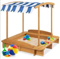 Kids Wooden Cabana Sandbox w/ Benches, Canopy Shade, Sand Cover