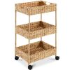 3-Tier Water Hyacinth Rolling Utility Cart w/ Weaved Baskets
